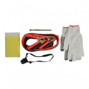 Emergency road kit with hard case and includes jumper cables, 1 pr of gloves, poncho and tire gauge. A726